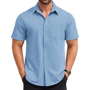 imageCOOFANDY Mens Short Sleeve Button Down Shirts Casual Summer Beach Shirt Wedding Dress Shirts with PocketLight Blue