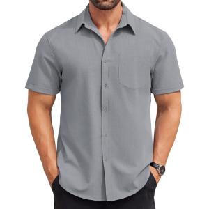 imageCOOFANDY Mens Short Sleeve Button Down Shirts Casual Summer Beach Shirt Wedding Dress Shirts with PocketLight Grey