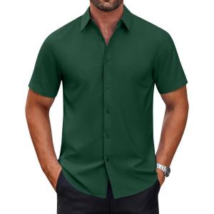 imageCOOFANDY Mens Short Sleeve Dress Shirts Wrinkle Free Casual Button Down Shirts Summer Untucked Dress ShirtArmy Green