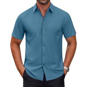 imageCOOFANDY Mens Short Sleeve Dress Shirts Wrinkle Free Casual Button Down Shirts Summer Untucked Dress ShirtDeep Blue