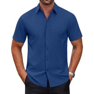 imageCOOFANDY Mens Short Sleeve Dress Shirts Wrinkle Free Casual Button Down Shirts Summer Untucked Dress ShirtDenim Blue