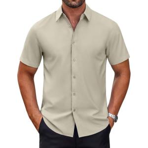 imageCOOFANDY Mens Short Sleeve Dress Shirts Wrinkle Free Casual Button Down Shirts Summer Untucked Dress ShirtKhaki