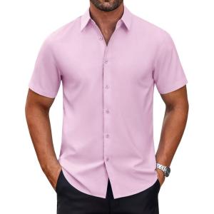 imageCOOFANDY Mens Short Sleeve Dress Shirts Wrinkle Free Casual Button Down Shirts Summer Untucked Dress ShirtPink
