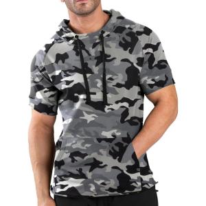 imageCOOFANDY Mens Short Sleeve Hoodie Workout Gym Sweatshirt Muscle Fit Fashion Athletic Hoodies Pullover Cotton Hooded TShirtsBlack Camo