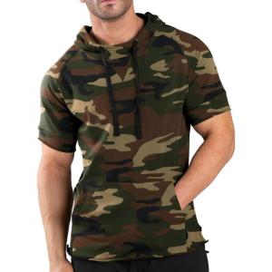 imageCOOFANDY Mens Short Sleeve Hoodie Workout Gym Sweatshirt Muscle Fit Fashion Athletic Hoodies Pullover Cotton Hooded TShirtsCamo