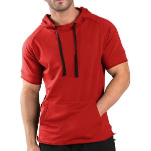 imageCOOFANDY Mens Short Sleeve Hoodie Workout Gym Sweatshirt Muscle Fit Fashion Athletic Hoodies Pullover Cotton Hooded TShirtsRed