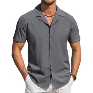 imageCOOFANDY Mens Short Sleeve Shirts Casual Button Down Shirts Cuban Textured Summer Beach ShirtsGrey