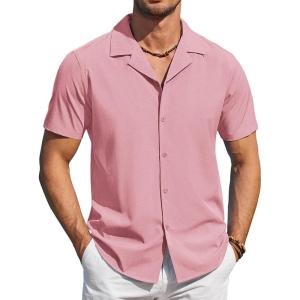 imageCOOFANDY Mens Short Sleeve Shirts Casual Button Down Shirts Cuban Textured Summer Beach ShirtsPink