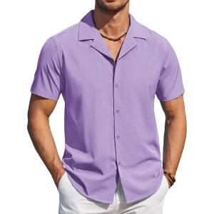 imageCOOFANDY Mens Short Sleeve Shirts Casual Button Down Shirts Cuban Textured Summer Beach ShirtsPurple