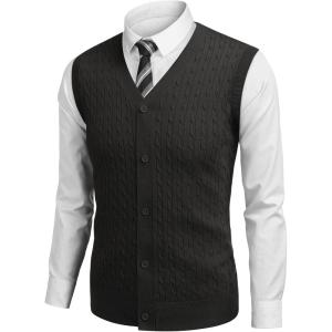 imageCOOFANDY Mens Sleeveless Sweater Vest VNeck Casual Cable Knit Button Down Cardigan VestBlack