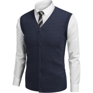 imageCOOFANDY Mens Sleeveless Sweater Vest VNeck Casual Cable Knit Button Down Cardigan VestNavy Blue