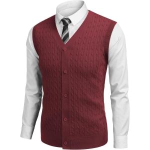 imageCOOFANDY Mens Sleeveless Sweater Vest VNeck Casual Cable Knit Button Down Cardigan VestWine Red