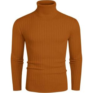 imageCOOFANDY Mens Slim Fit Turtleneck Sweater Casual Pullover Sweater Lightweight Ribbed SweaterBritish Tan