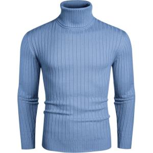 imageCOOFANDY Mens Slim Fit Turtleneck Sweater Casual Pullover Sweater Lightweight Ribbed SweaterLight Blue