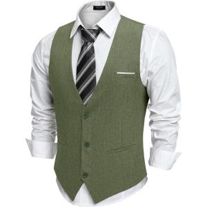 imageCOOFANDY Mens Suit Vest Slim Fit Casual Business Vests Lightweight VNeck Formal Dress Waistcoat for Wedding PromArmy Green