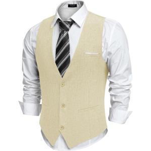 imageCOOFANDY Mens Suit Vest Slim Fit Casual Business Vests Lightweight VNeck Formal Dress Waistcoat for Wedding PromBeige