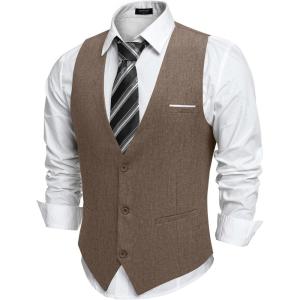 imageCOOFANDY Mens Suit Vest Slim Fit Casual Business Vests Lightweight VNeck Formal Dress Waistcoat for Wedding PromBrown