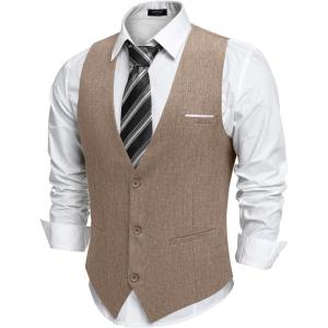 imageCOOFANDY Mens Suit Vest Slim Fit Casual Business Vests Lightweight VNeck Formal Dress Waistcoat for Wedding PromKhaki