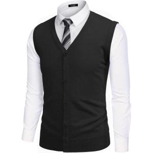imageCOOFANDY Mens Sweater Vest V Neck Casual Sleeveless Knitted Button Cardigan VestBlack