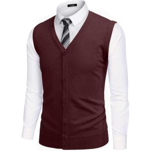 imageCOOFANDY Mens Sweater Vest V Neck Casual Sleeveless Knitted Button Cardigan VestWine Red