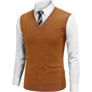 imageCOOFANDY Mens Sweater Vest V Neck Slim Fit Cable Knitted Sleeveless Pullover SweaterCaramel