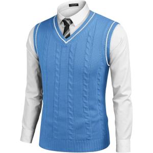 imageCOOFANDY Mens Sweater Vest V Neck Slim Fit Casual Sleeveless Twisted Knitted Pullover SweaterBlue