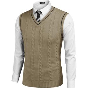 imageCOOFANDY Mens Sweater Vest V Neck Slim Fit Casual Sleeveless Twisted Knitted Pullover SweaterKhaki