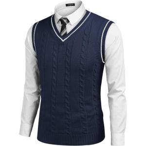 imageCOOFANDY Mens Sweater Vest V Neck Slim Fit Casual Sleeveless Twisted Knitted Pullover SweaterNavy Blue