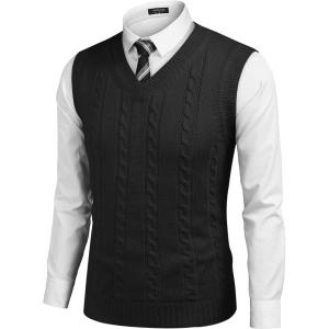 imageCOOFANDY Mens Sweater Vest V Neck Slim Fit Casual Sleeveless Twisted Knitted Pullover SweaterSolid Black