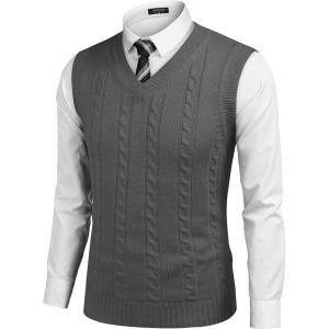 imageCOOFANDY Mens Sweater Vest V Neck Slim Fit Casual Sleeveless Twisted Knitted Pullover SweaterSolid Dark Grey