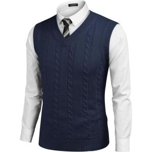 imageCOOFANDY Mens Sweater Vest V Neck Slim Fit Casual Sleeveless Twisted Knitted Pullover SweaterSolid Navy Blue