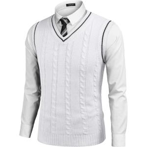 imageCOOFANDY Mens Sweater Vest V Neck Slim Fit Casual Sleeveless Twisted Knitted Pullover SweaterWhite