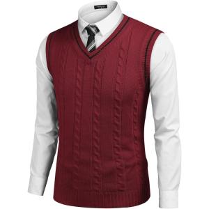 imageCOOFANDY Mens Sweater Vest V Neck Slim Fit Casual Sleeveless Twisted Knitted Pullover SweaterWine Red