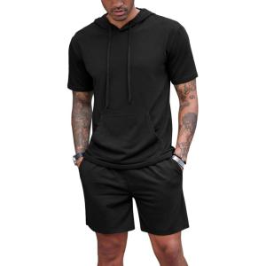 imageCOOFANDY Mens Tracksuit 2 Piece Hooded Athletic Sweatsuit Short Sleeve Casual Sports Hoodie Shorts SetBlack