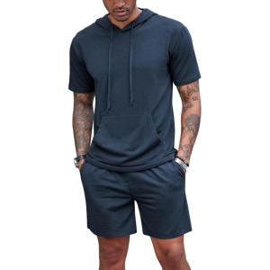 imageCOOFANDY Mens Tracksuit 2 Piece Hooded Athletic Sweatsuit Short Sleeve Casual Sports Hoodie Shorts SetBlue