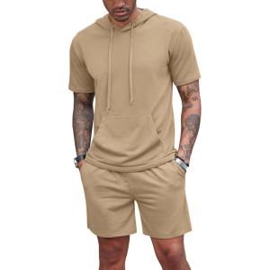 imageCOOFANDY Mens Tracksuit 2 Piece Hooded Athletic Sweatsuit Short Sleeve Casual Sports Hoodie Shorts SetKhaki