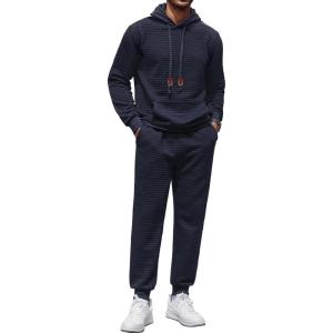 imageCOOFANDY Mens Tracksuit 2 Piece Hoodie Sweatsuit Sets Casual Athletic Jogging Suits Waffle Plaid Jacquard OutfitsNavy Blue