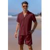imageCOOFANDY Mens 2 Piece Short Set Guayabera Button Down Shirt Casual Summer Beach OutfitsWine Red