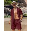 imageCOOFANDY Mens 2 Piece Short Set Guayabera Button Down Shirt Casual Summer Beach OutfitsWine Red