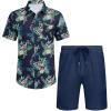 imageCOOFANDY Mens 2 Piece Summer Beach Outfits Tropical Short Sleeve Button Down Shirts and Shorts Hawaiian Vacation SetsNavy Green Leaf