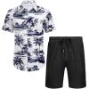imageCOOFANDY Mens 2 Piece Summer Beach Outfits Tropical Short Sleeve Button Down Shirts and Shorts Hawaiian Vacation SetsNavy Palm Leaf