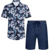 imageCOOFANDY Mens 2 Piece Summer Beach Outfits Tropical Short Sleeve Button Down Shirts and Shorts Hawaiian Vacation SetsNavy White Flower