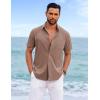 imageCOOFANDY Mens Cool Button Down Shirt Short Sleeve Summer Beach Shirts Linen Texture Casual Shirts with PocketDark Brown