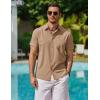 imageCOOFANDY Mens Cool Button Down Shirt Short Sleeve Summer Beach Shirts Linen Texture Casual Shirts with PocketKhaki