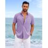 imageCOOFANDY Mens Cool Button Down Shirt Short Sleeve Summer Beach Shirts Linen Texture Casual Shirts with PocketPurple
