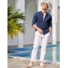imageCOOFANDY Mens Cuban Guayabera Shirts Casual Long Sleeve Button Down Shirts Band Collar Linen Summer Beach ShirtsNavy Blue