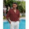 imageCOOFANDY Mens Cuban Guayabera Shirts Casual Long Sleeve Button Down Shirts Band Collar Linen Summer Beach ShirtsWine Red