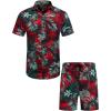 imageCOOFANDY Mens Hawaiian Matching Set Summer Beach 2 Piece Outfits Flower Button Down Shirts and Shorts Vacation OutfitsRed Leaves