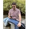 imageCOOFANDY Mens Short Sleeve Button Down Shirt Plaid Button Up Shirts Casual 75 Cotton Work ShirtsWine Redwhite