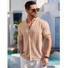 imageCOOFANDY Mens Short Sleeve Knit Shirt Casual Button Down Shirt Vintage Striped Knitted Golf Beach TopsKhaki